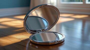 A mirror sitting on a wooden table photo