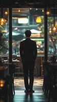 A man in a suit standing in front of a restaurant photo