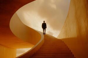 A man walking up a spiral staircase photo