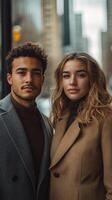 A young couple in coats standing in front of a city building photo