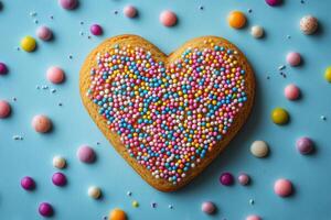 A heart shaped cookie surrounded by colorful sprinkles photo