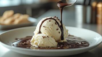 A spoon is dipping a scoop of ice cream into a bowl of chocolate sauce photo