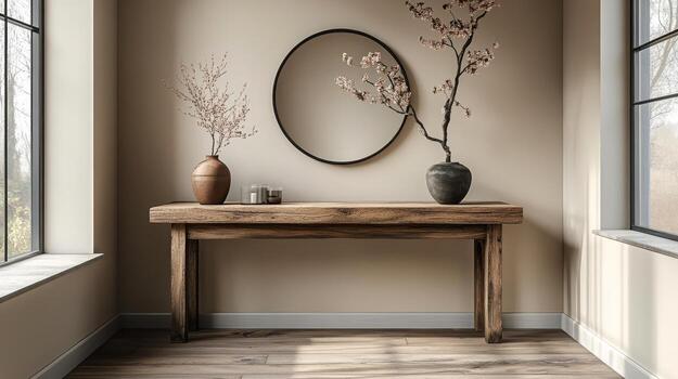 A console table with a vase and mirror in front of a window photo