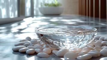 A bowl of water and pebbles on a marble floor photo