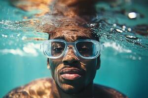 A man wearing goggles under water photo