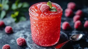 Raspberry smoothie in a glass jar with mint leaves photo