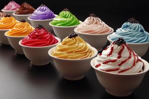 A row of different colored ice cream cups photo