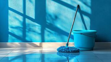A blue bucket and mop sitting on a tiled floor photo
