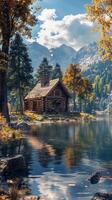 A log cabin sits on the shore of a lake surrounded by trees photo
