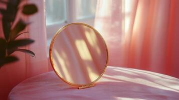 A round mirror on a pink table in front of a window photo