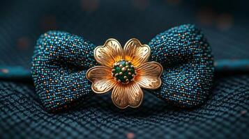 A gold bow tie with a flower on it photo