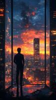 A man standing in front of a window looking out at the city photo