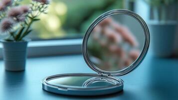 A compact mirror on a table with a vase of flowers photo