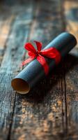 A black scroll with a red ribbon tied around it photo