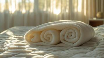 A white towel is folded on top of a bed photo
