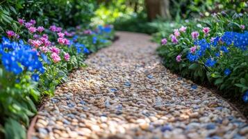 A gravel path with blue and pink flowers photo