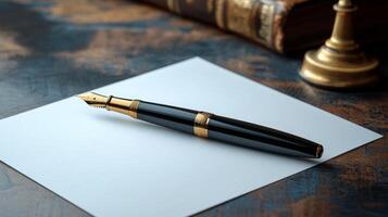 A fountain pen and a book on a wooden table photo