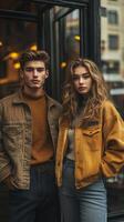 Young couple in denim jacket and sweater standing in front of a window photo