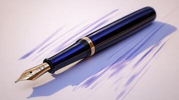 A blue fountain pen sitting on top of a white surface photo