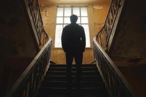 A man standing on the stairs of an old building photo