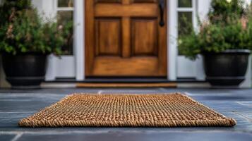 A door mat with a brown rug on a stone floor photo