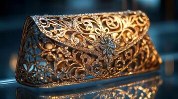 A gold purse with intricate design on it photo