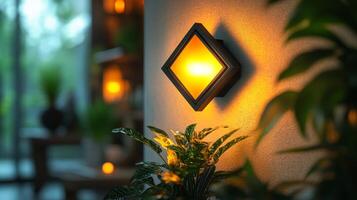 A wall mounted lamp with a potted plant in front of it photo