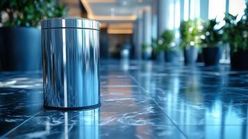 A trash can sitting on a marble floor photo