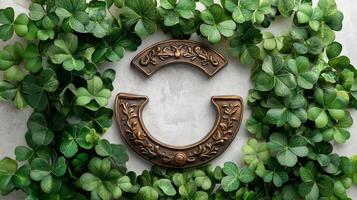 A green shamrock is surrounded by a wooden sign photo