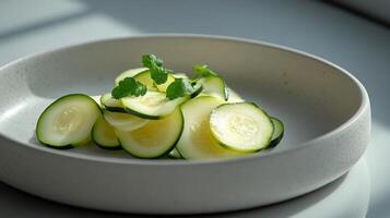 A white bowl filled with sliced cucumbers photo