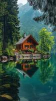 A cabin sits on the edge of a lake surrounded by trees photo