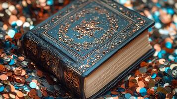 An old book with gold and silver decorations on a glittery surface photo