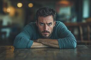 A man sitting at a table with his arms crossed photo