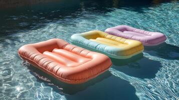 Three inflatable swimming pool chairs in the water photo
