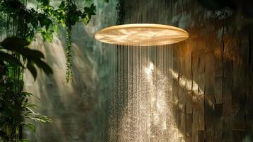 A shower head with a light shining through it photo