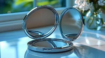 A mirror and compact mirror on a table photo