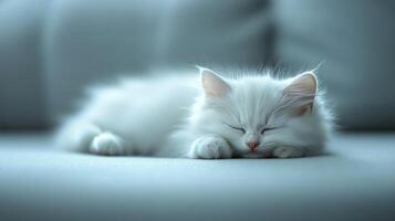 A white kitten is sleeping on a couch photo