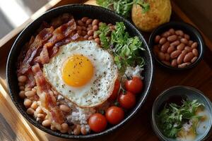 A bowl of food with eggs, beans and tomatoes photo