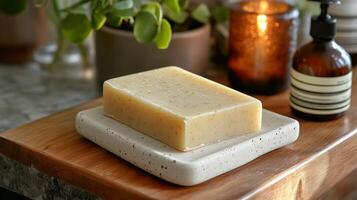 A soap bar on a wooden tray next to a bottle of soap photo