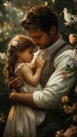 A man holding a little girl in a garden photo