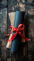 Black gift wrapped in red ribbon on wooden table photo