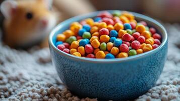 A bowl of colorful candy in front of a stuffed animal photo