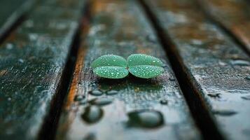 Four leaf clover on wooden bench with water droplets photo