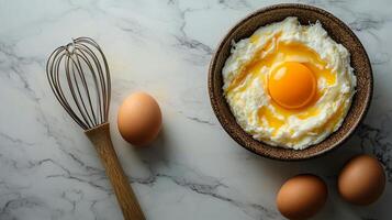 Eggs and whisk on a marble countertop photo