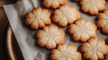 A tray of cookies on a wooden table photo