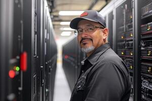 A man in a black shirt and cap standing in a server room photo