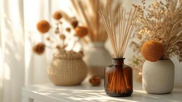 A table with some vases and some dried flowers photo