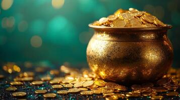 Gold coins in a pot on a green background photo