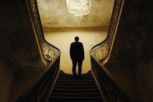 A man standing on the stairs of an old building photo