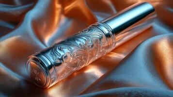 A silver bottle with a silver design on it photo